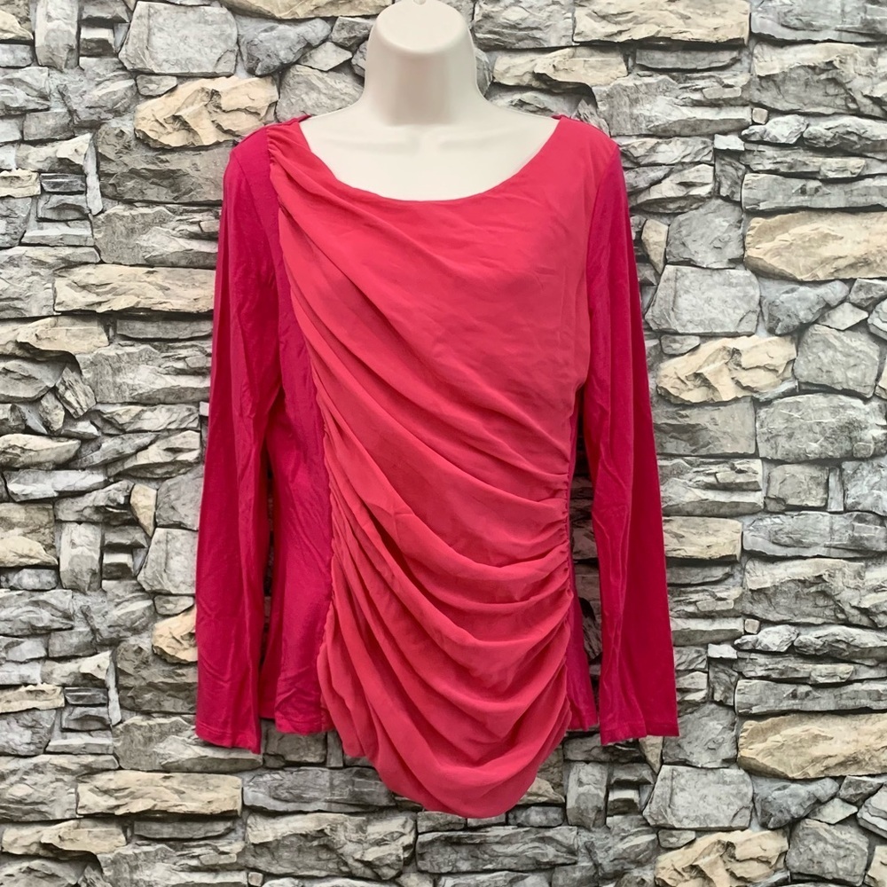 #32 DKNYC Hot Pink Ruched Chiffon Long Sleeve Blouse Shirt Top Large Womens DKNY